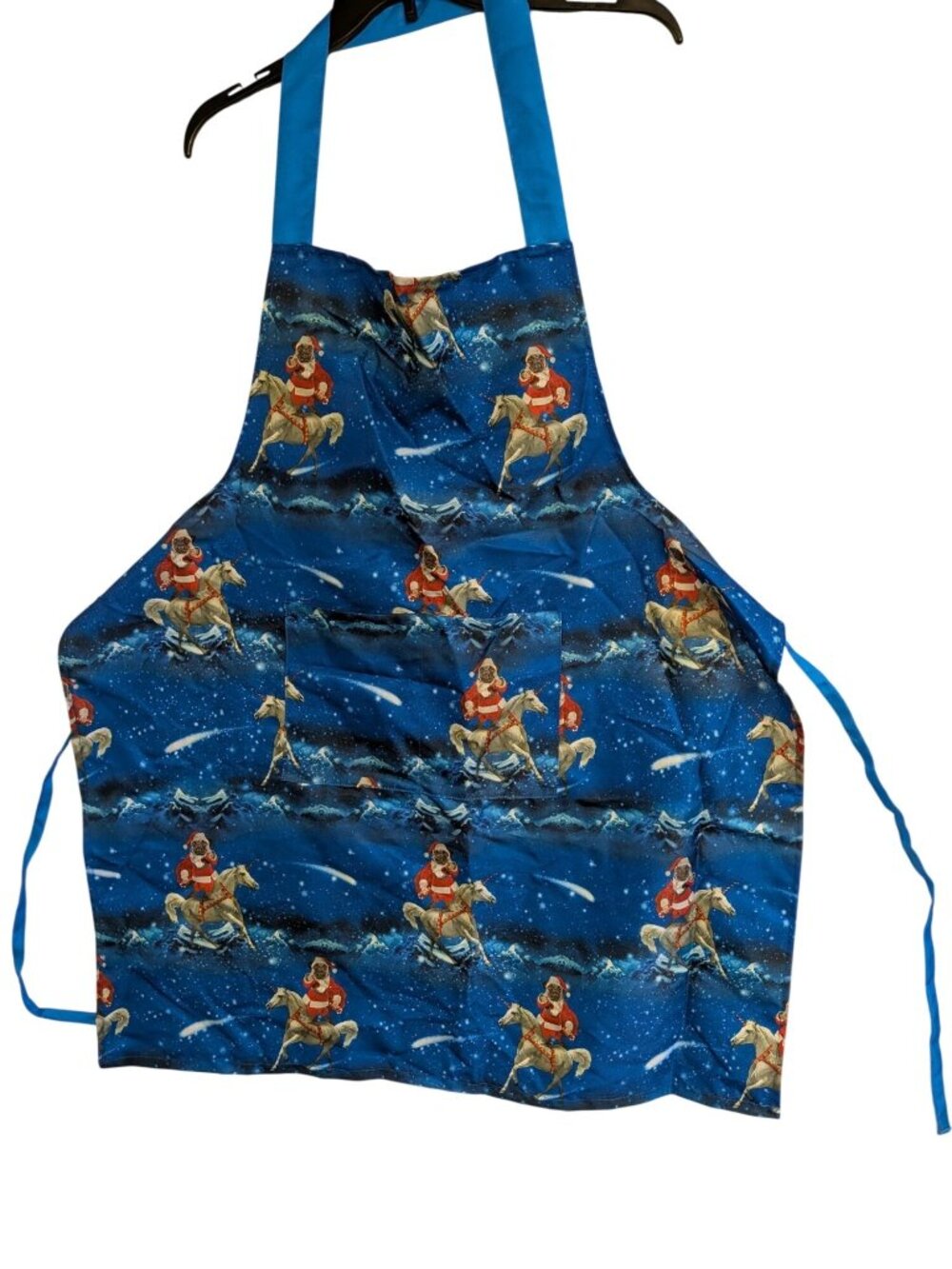 Santa Pug Riding Unicorn Blue Holiday Apron With Adjustable Ties